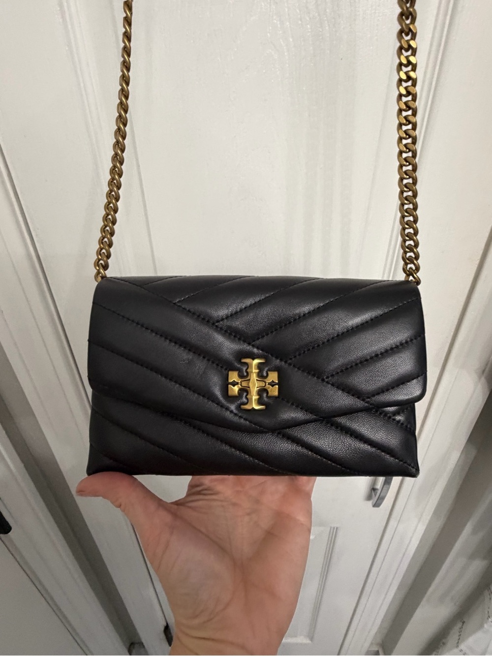 Tory Burch Black Chevron Quilted Crossbody with Gold Chain